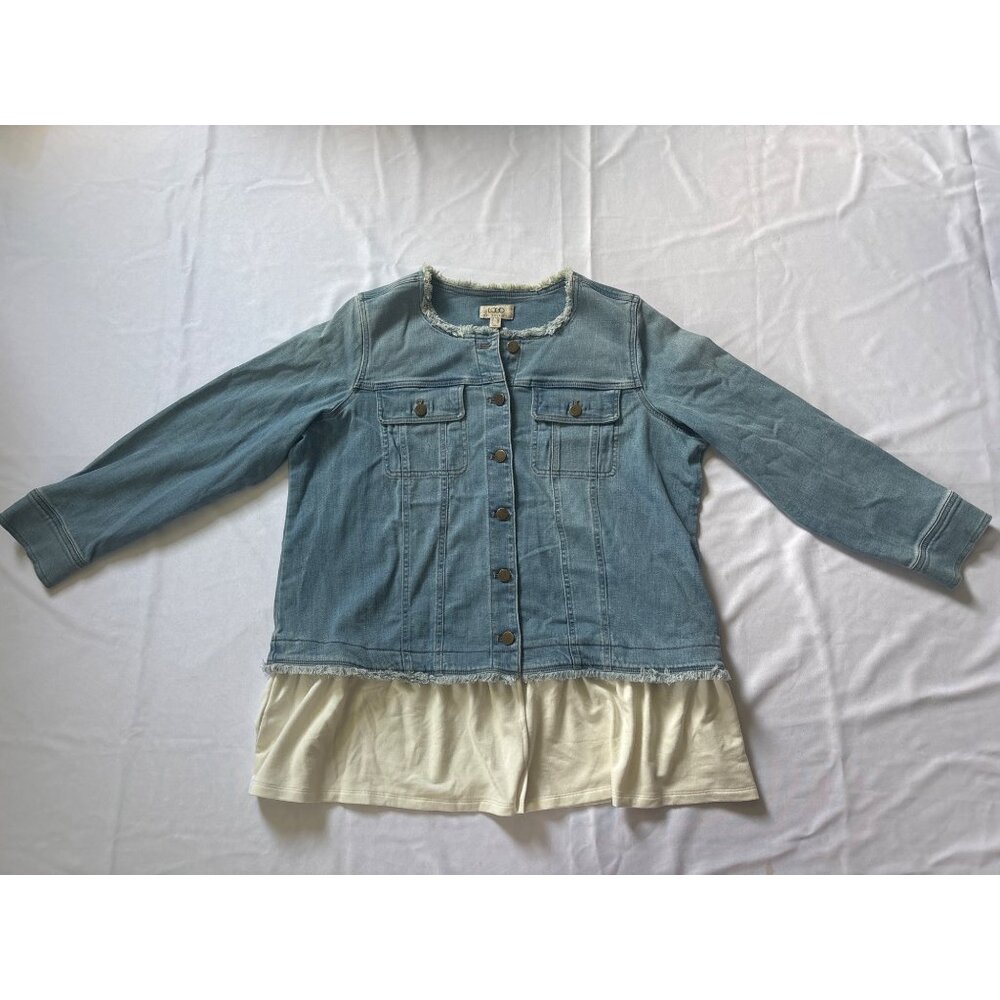 LOGO Lori Goldstein Denim Jacket W/ Frayed Hem & Layered White Shirt Womens 18W
